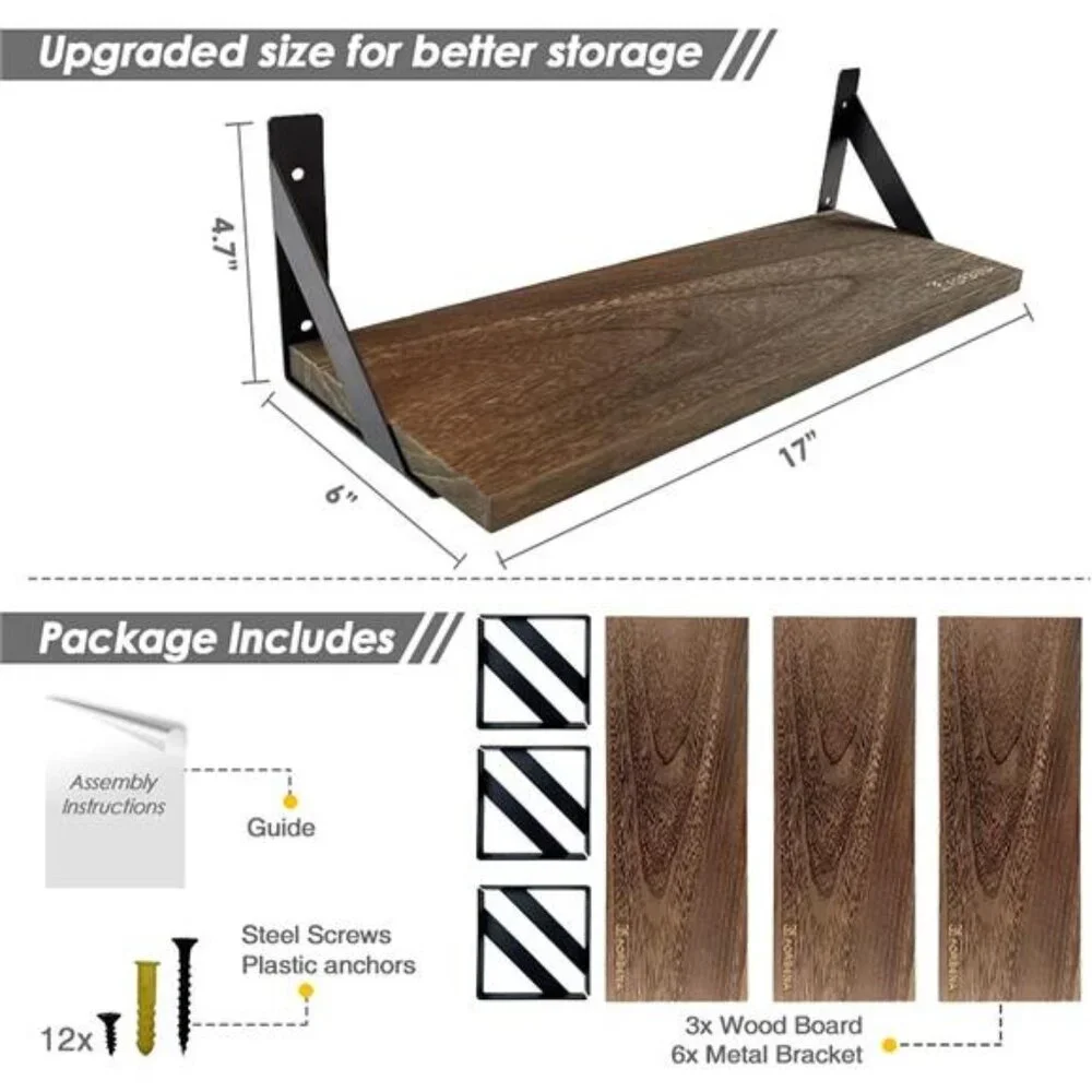 Rustic Floating Shelves Wall Mounted Set of 3, 17 Inch Natural Wood Wall